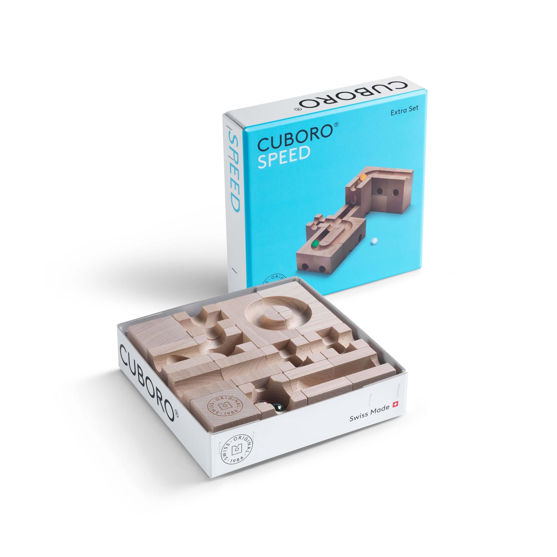 SPEED - Inject exhilarating velocity into your CUBORO marble runs with the SPEED Extra Set! This dynamic wooden educational toy includes 16 elements and 5 marbles, specifically designed to accelerate marbles, allowing them to cover longer distances with i