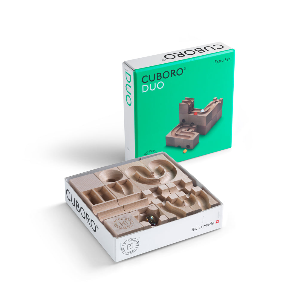DUO - With the DUO elements, the marbles shift into the parallel double tracks and race against each other at high speed. Extra Sets expand the Starter Sets and offer additional fun. What's inside the box? - 16 elements - 5 marbles - 1 user manual ( Engli