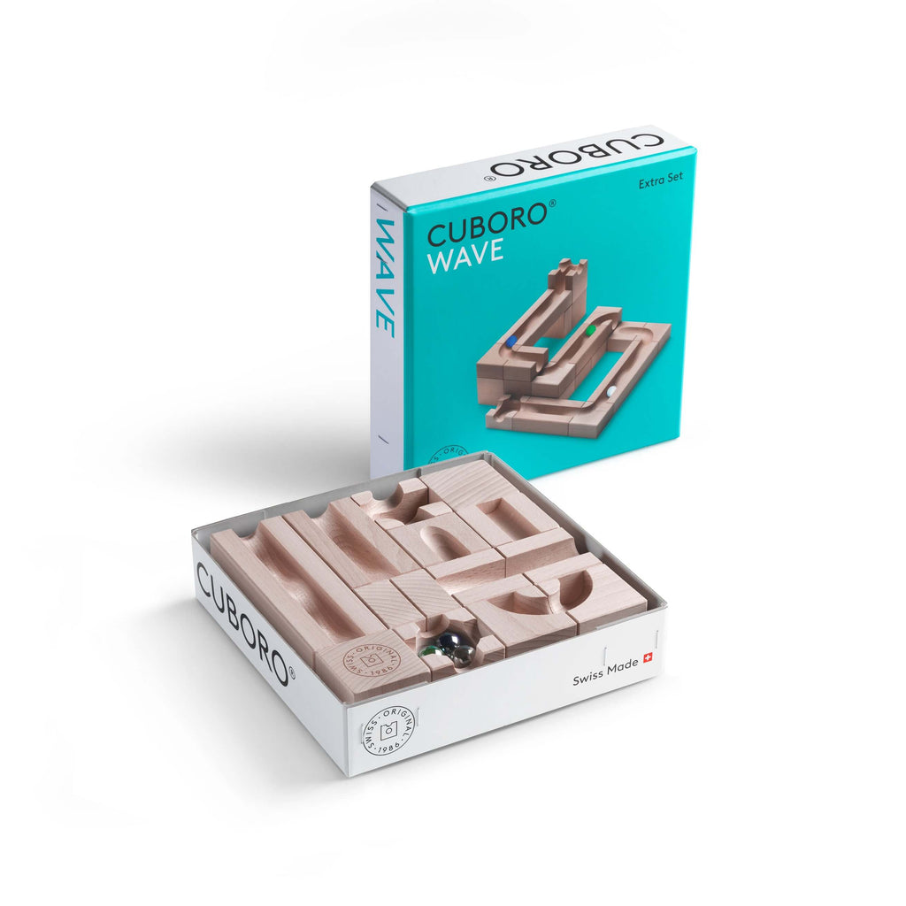 WAVE - Experience the elegant flow of motion with the CUBORO WAVE Extra Set, a captivating wooden educational toy designed to bring unique dynamics to your marble runs! This set includes 22 beautifully crafted elements and 15 marbles, allowing you to crea