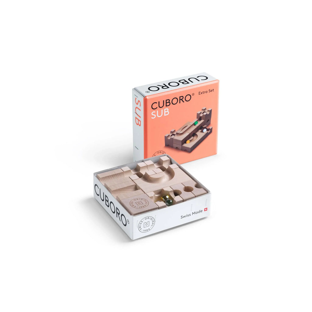 SUB - Explore the hidden depths of your CUBORO marble runs with the SUB Extra Set! This intriguing wooden educational toy includes 12 elements and 3 marbles, specifically designed to help you assemble your own complex tunnel systems. Watch as marbles disa