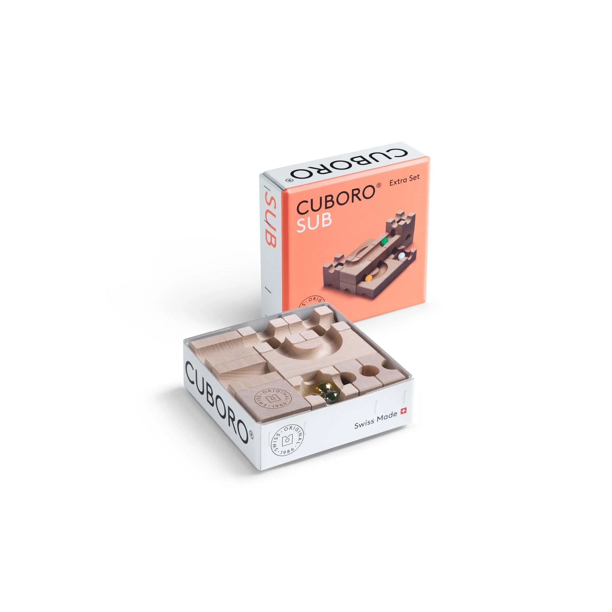 SUB - Explore the hidden depths of your CUBORO marble runs with the SUB Extra Set! This intriguing wooden educational toy includes 12 elements and 3 marbles, specifically designed to help you assemble your own complex tunnel systems. Watch as marbles disa